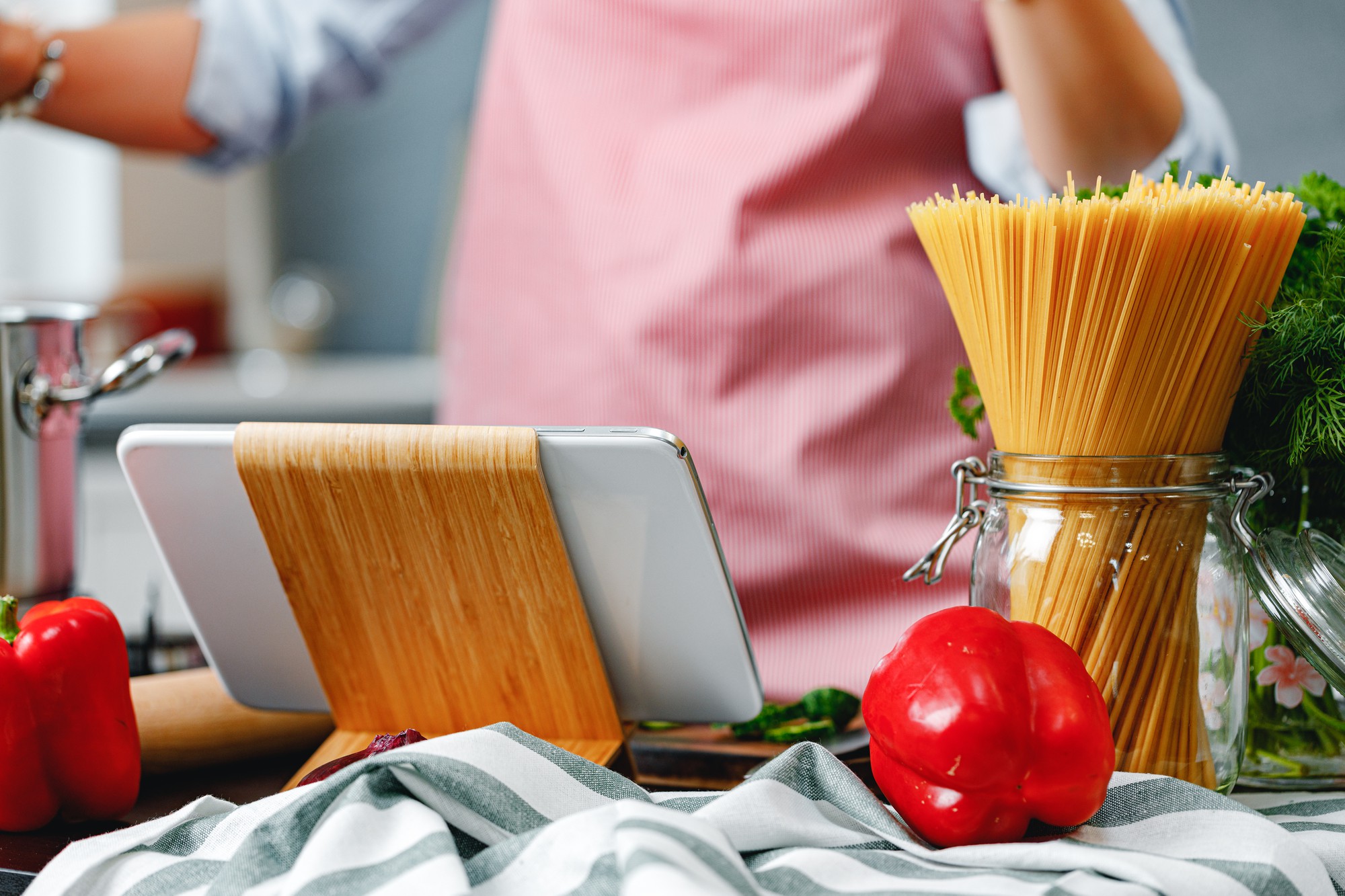 Kitchen workstation with utensils and ingredients